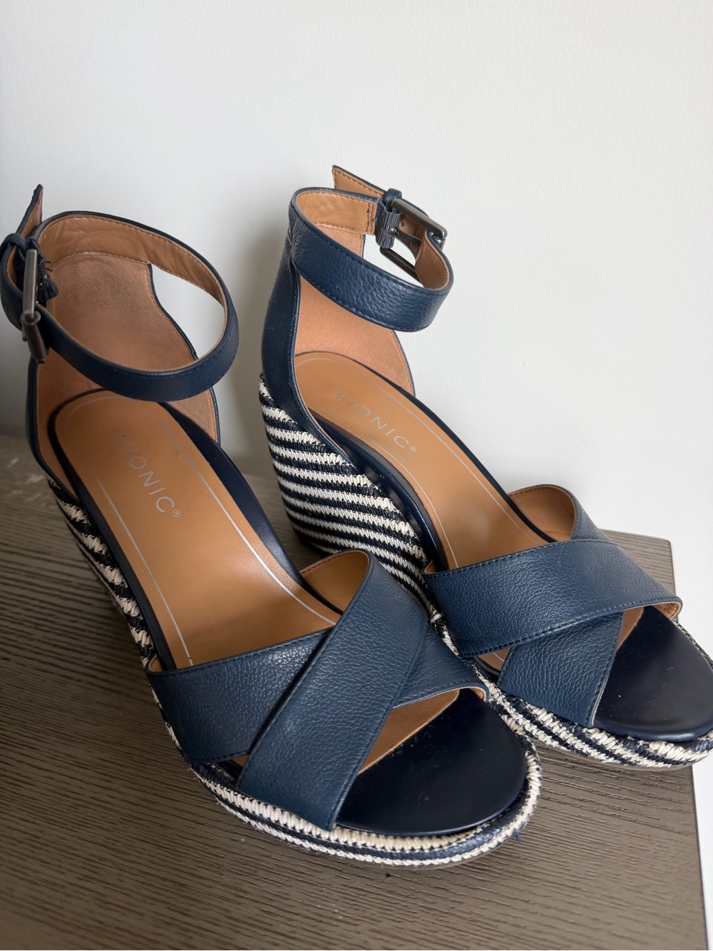 Vionic Navy Leather Crisscross Ankle-Strap Wedges